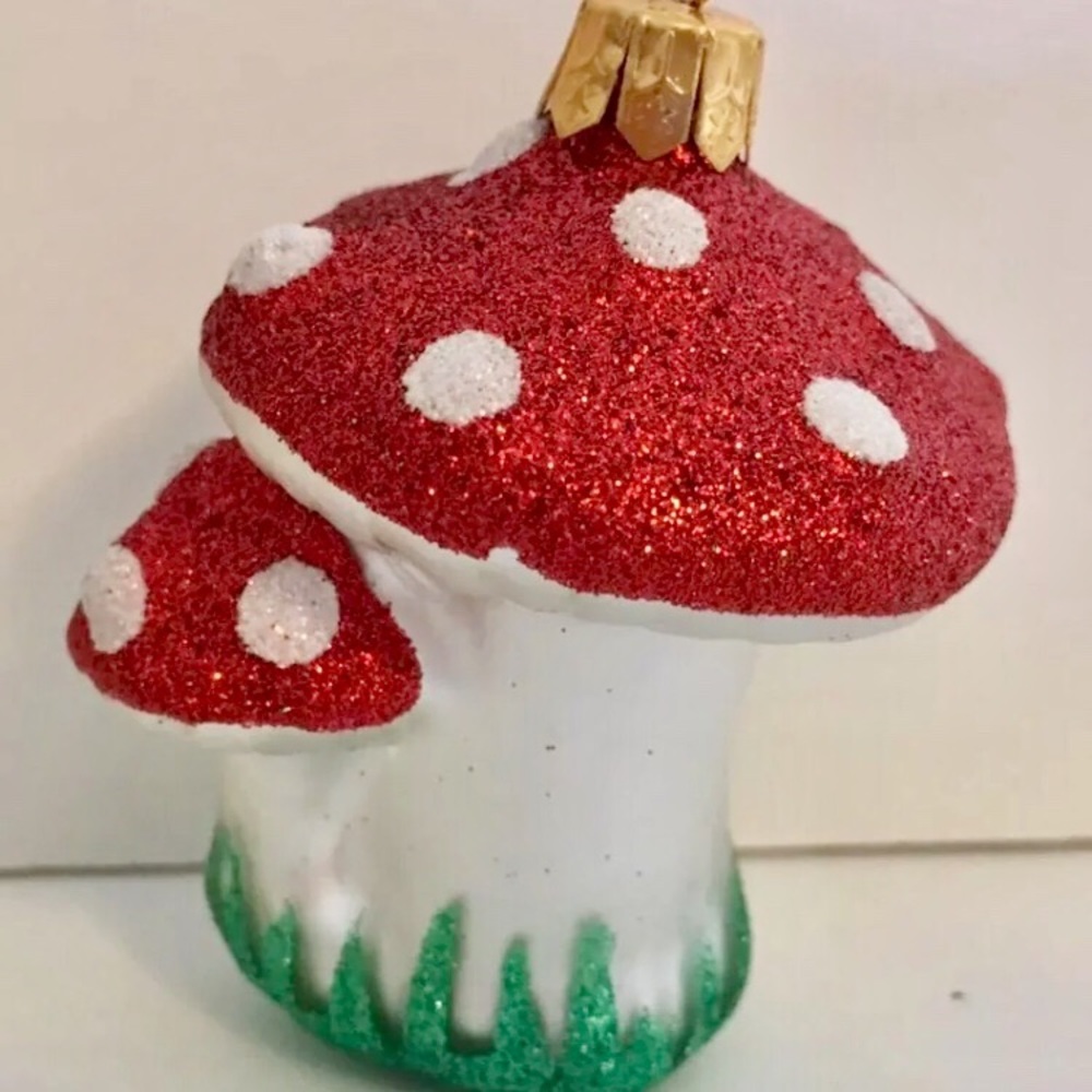 Double Mushroom Red White Polka Dots Xmas Ornament